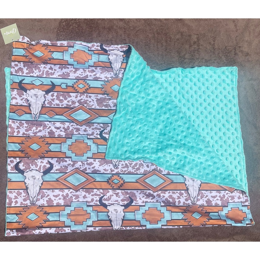 Bamboo Baby Blanket Western Cow Skull Turquoise Brown Minky Soft NWT